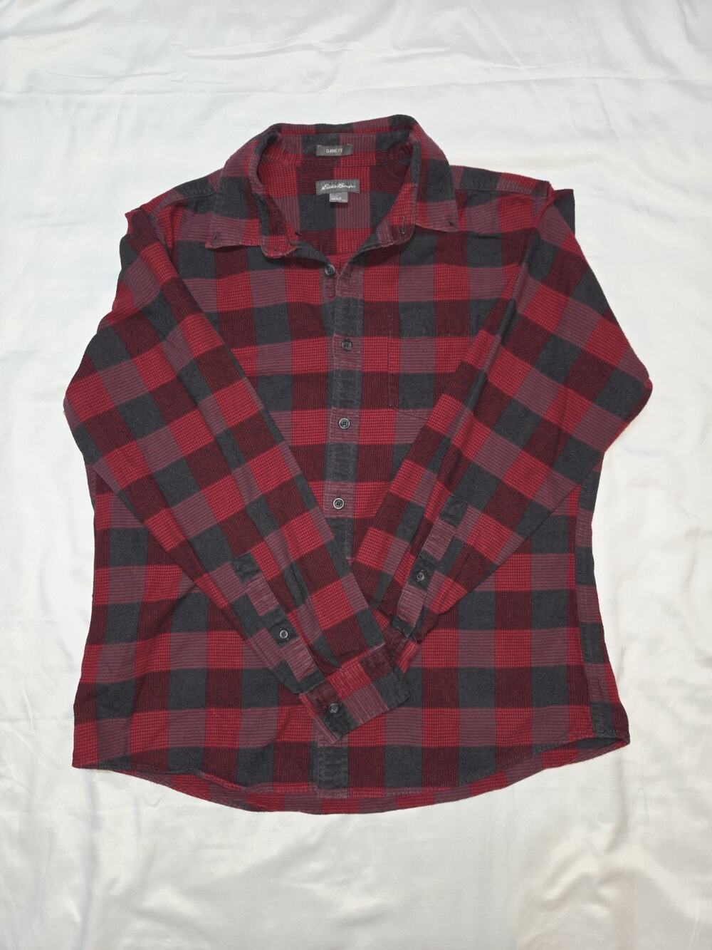 Eddie Bauer Men's Large Gray and Red Plaid Flannel Long Sleeve Shirt